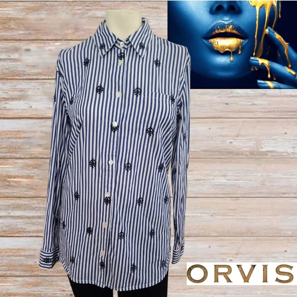 Orvis Blue and White Button Down Shirt Women with Notched Collar‎
